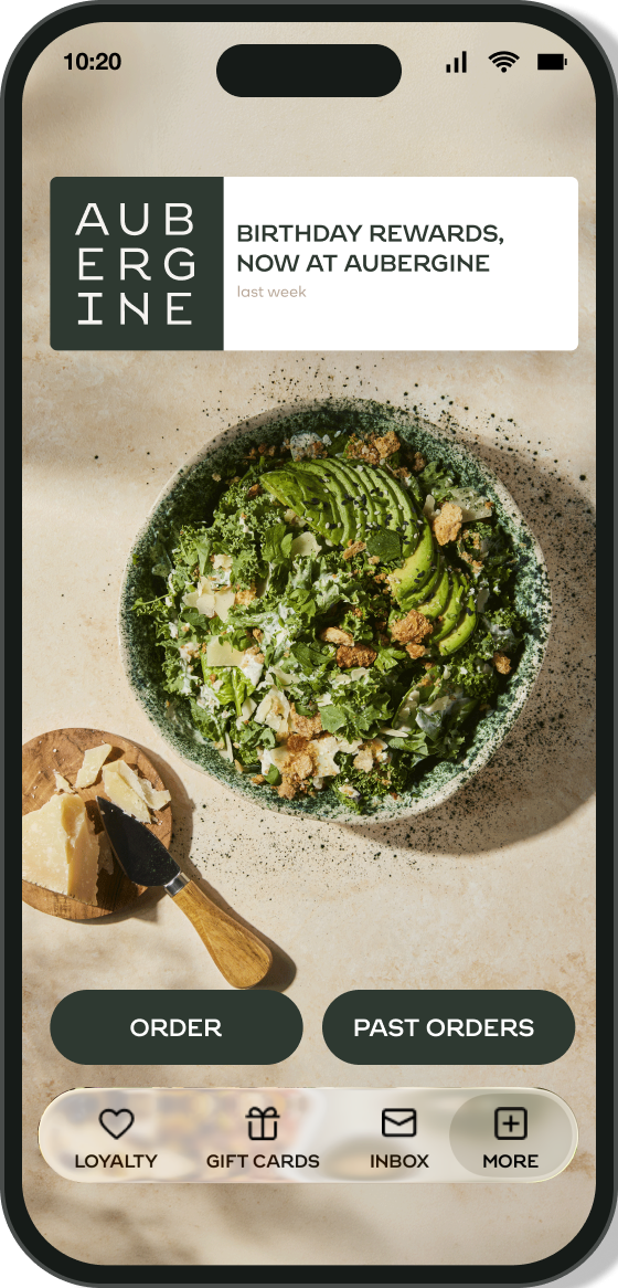 The Aubergine Kitchen app home screen